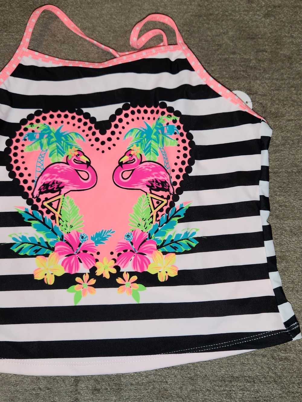wonder nation Coral and Black Stripe W Flamingos Swim Top